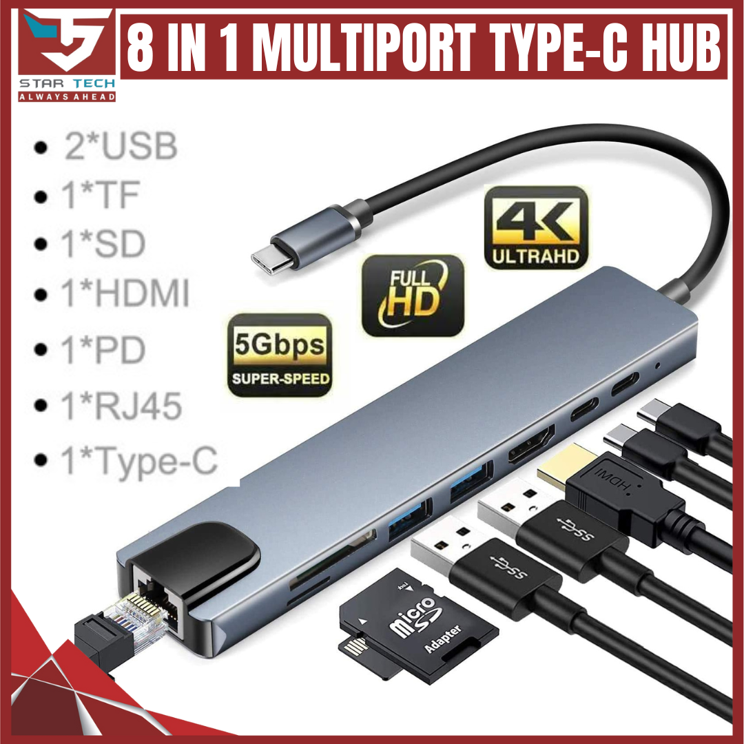 Type-C Hub Thunderbolt 8-in-1 Hub (RJ45 + TF/SD + HDMI + USB + 2×Type-C + PD)