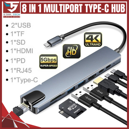 Type-C Hub Thunderbolt 8-in-1 Hub (RJ45 + TF/SD + HDMI + USB + 2×Type-C + PD)