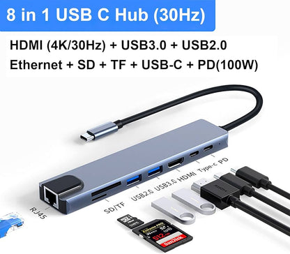 Type-C Hub Thunderbolt 8-in-1 Hub (RJ45 + TF/SD + HDMI + USB + 2×Type-C + PD)