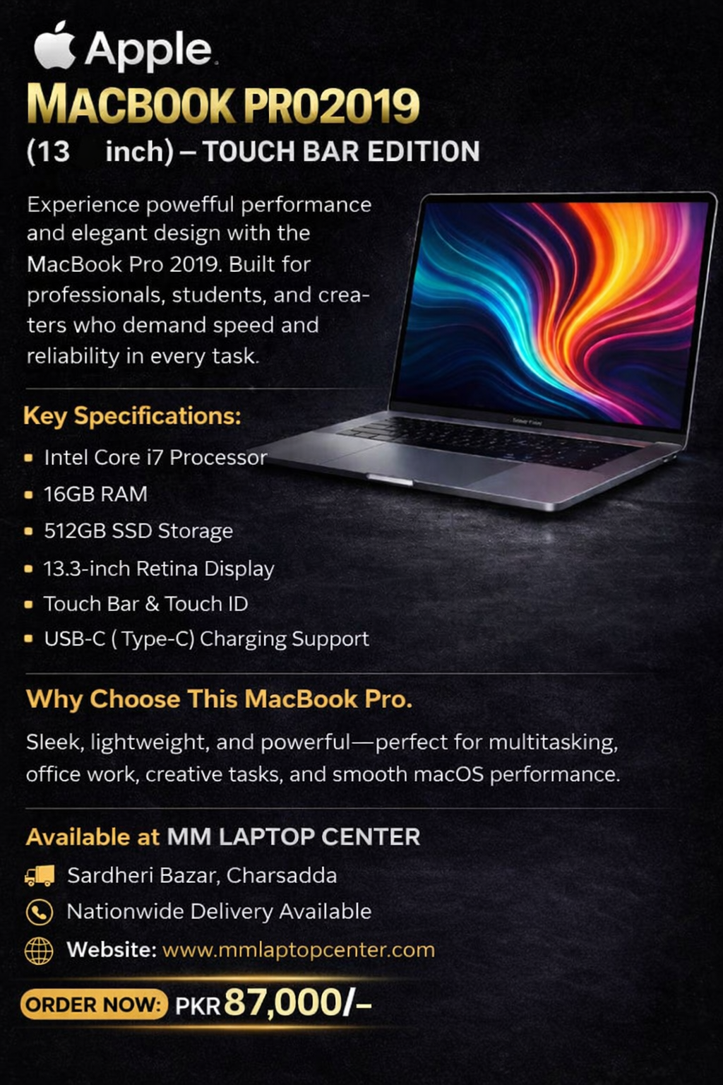 MacBook Pro 2019 (13.3") – Intel Core i7 | 16GB RAM | 512GB SSD.