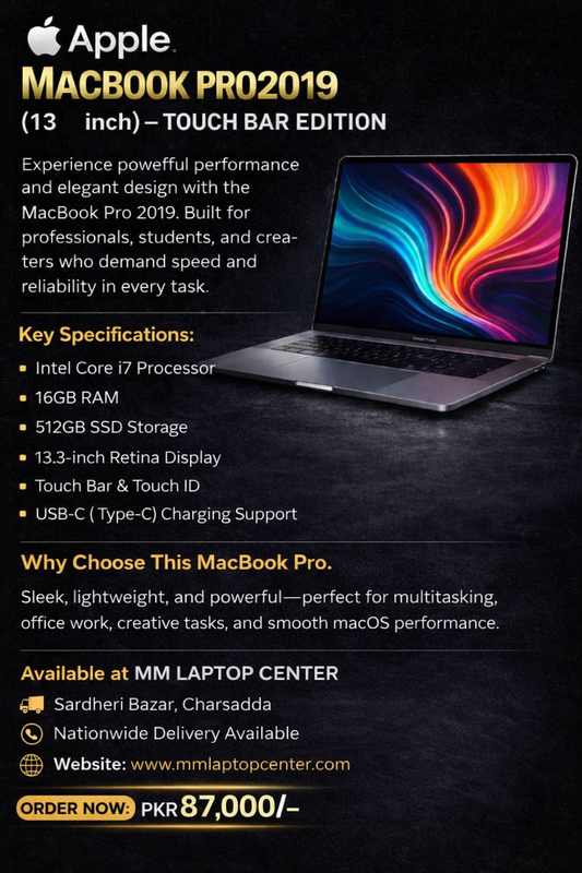 MacBook Pro 2019 (13.3") – Intel Core i7 | 16GB RAM | 512GB SSD.