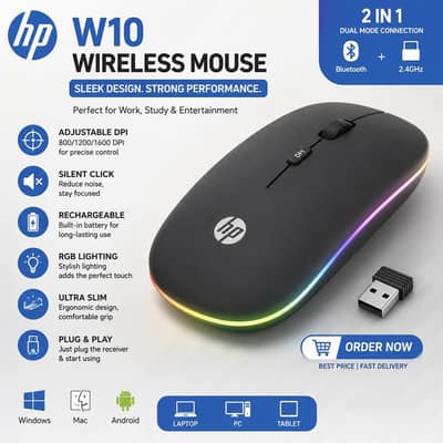Hp W10 Mouse Wireless And Rechargable(Dual Mode).