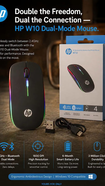 Hp W10 Mouse Wireless And Rechargable(Dual Mode).